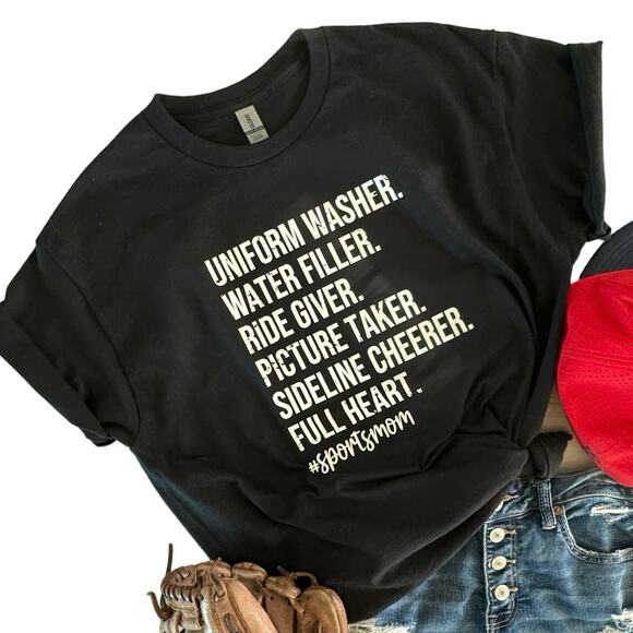 Sports Mom Sideline Cheerer Full Heart Large Women’s Black T-Shirt Short Sleeve - Picture 1 of 7